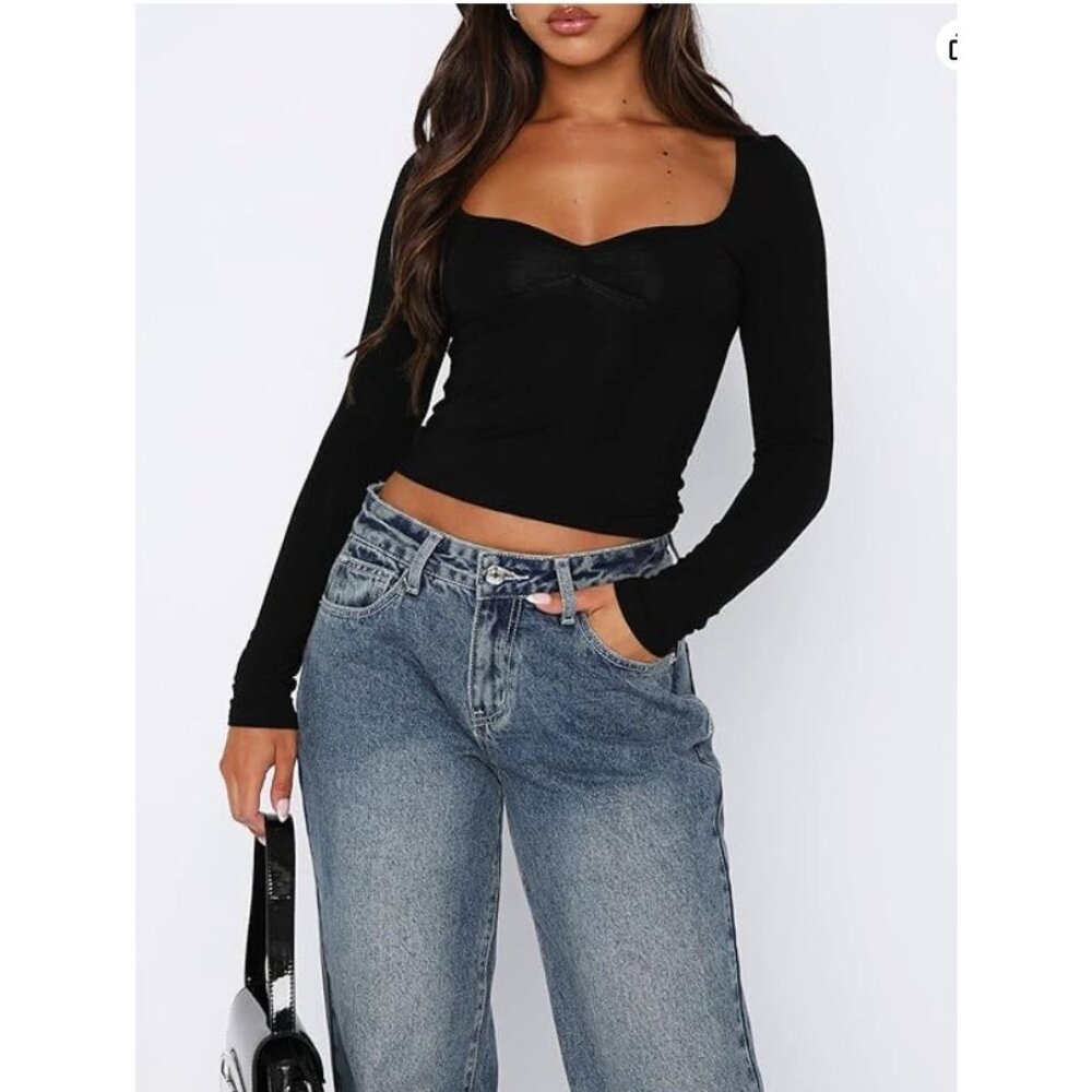 Women's Sexy Long Sleeve Going Out Tops Pleated Bustier Shirt Cute Sweetheart -M